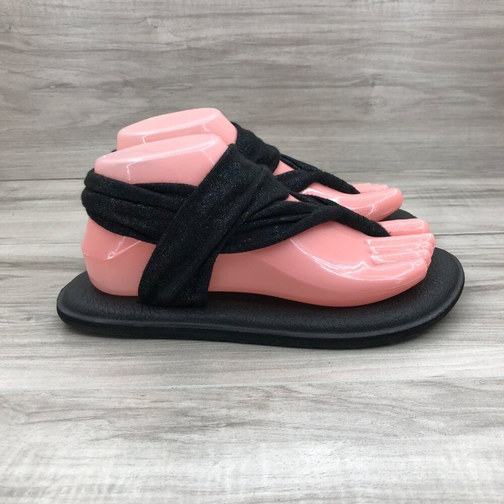 Sanuk Yoga Sandals Women's 7 Shimmery Black Fabric Strappy Slingback Flat Shoes